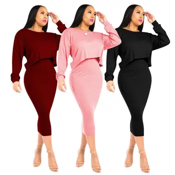 

2019 Rib Knitted Dress Two Piece Suit Long Sleeve Crop Top+Vest Long Dress Fall Dress Sets Women Solid Sweater Black Tracksuits