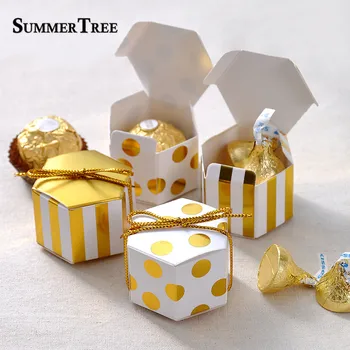 

100pcs Candy Boxes Mini Stripe Dots Golden Bronzing Hexagon Ferrero Chocolate Box Baking Package Wedding Party Decorations