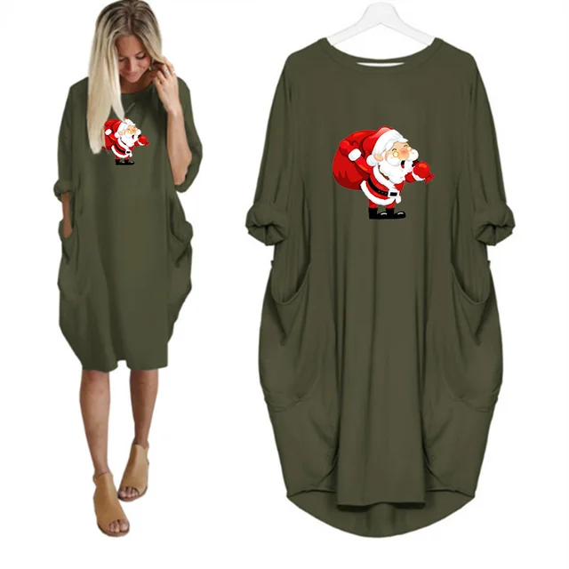 Navidad Women Dress Christmas Pocket Casual Loose Vintage Party Fall Clothes Santa Claus Kawaii Womens  Dresses D002M543 Green