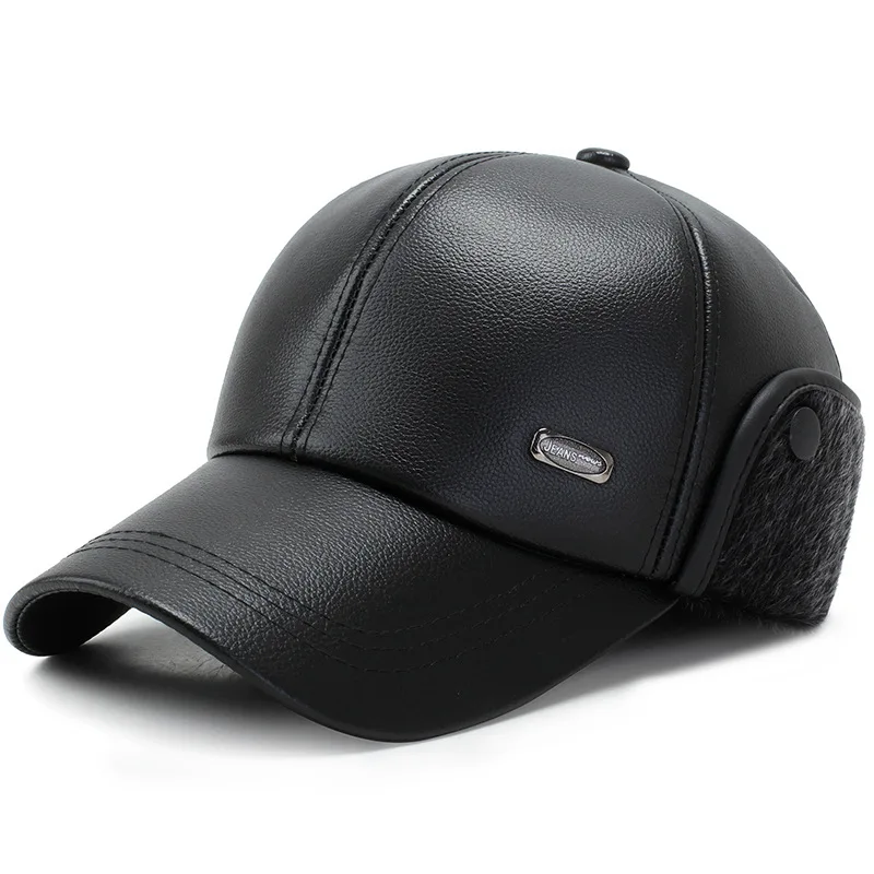 Мужская зимняя бейсбольная Кепка из искусственной кожи с ушанками, Casquette Homme, облегающая Кепка s Snapback, теплая Кепка для водителя грузовика - Цвет: Черный