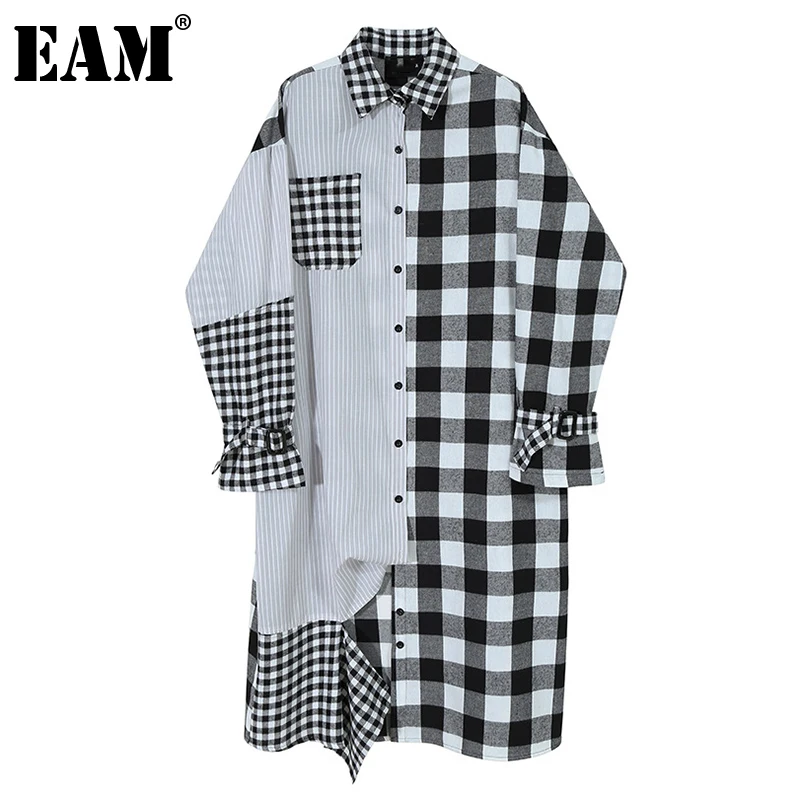 [EAM] Women Black Plaid Split Big Size Shirt Dress New Lapel Long Sleeve Loose Fit Fashion Tide Spring Autumn 2020 1Z860