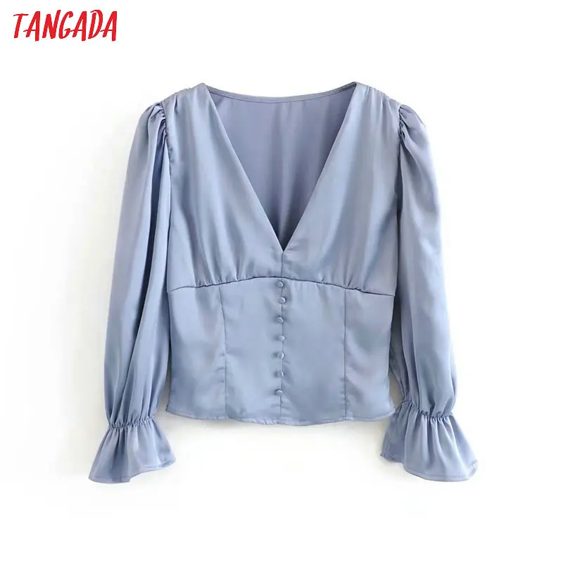 

Tangada women ruffle blue shirts long sleeve solid v-neck side zipper buttons elegant ladies casual blouses 6P85
