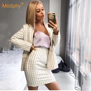 

2019 new fashion check women's set sexy long-sleeved jacket & pencil skirt 2 pieces two-piece casual party office pants suit set