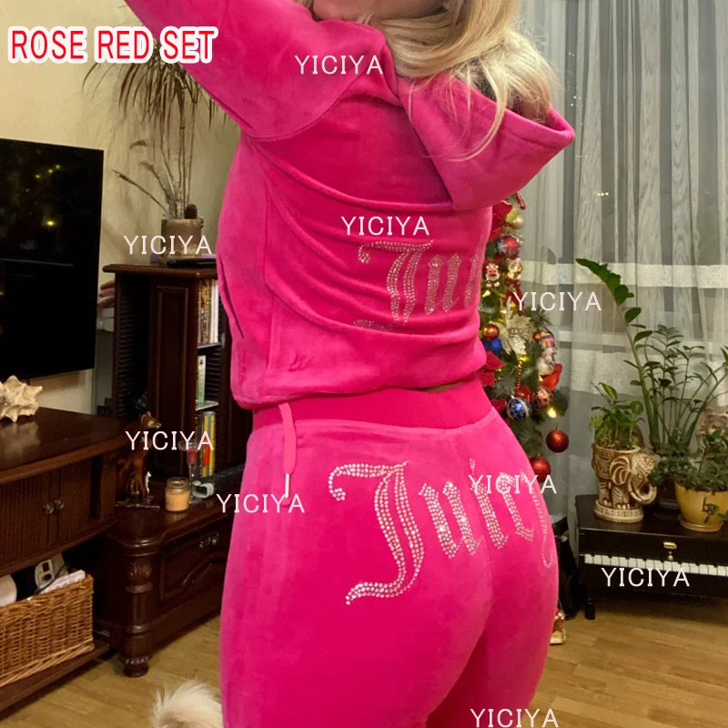 YICIYA TRACKSUIT hoodies Velvet Zipper Sweatshirt And Pants Winter women velour Pant Suit Hoodies Zipper Rhinestone velour suits vintage sweatshirts