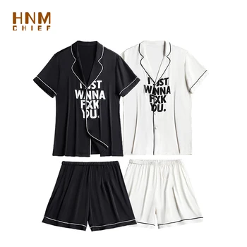 

HNMCHIEF Black Faux Silk Pajamas Set 2020 New Summer Women Letter Print Shirt Simple Leisure Nightwear Short Sleeves Sleepwear
