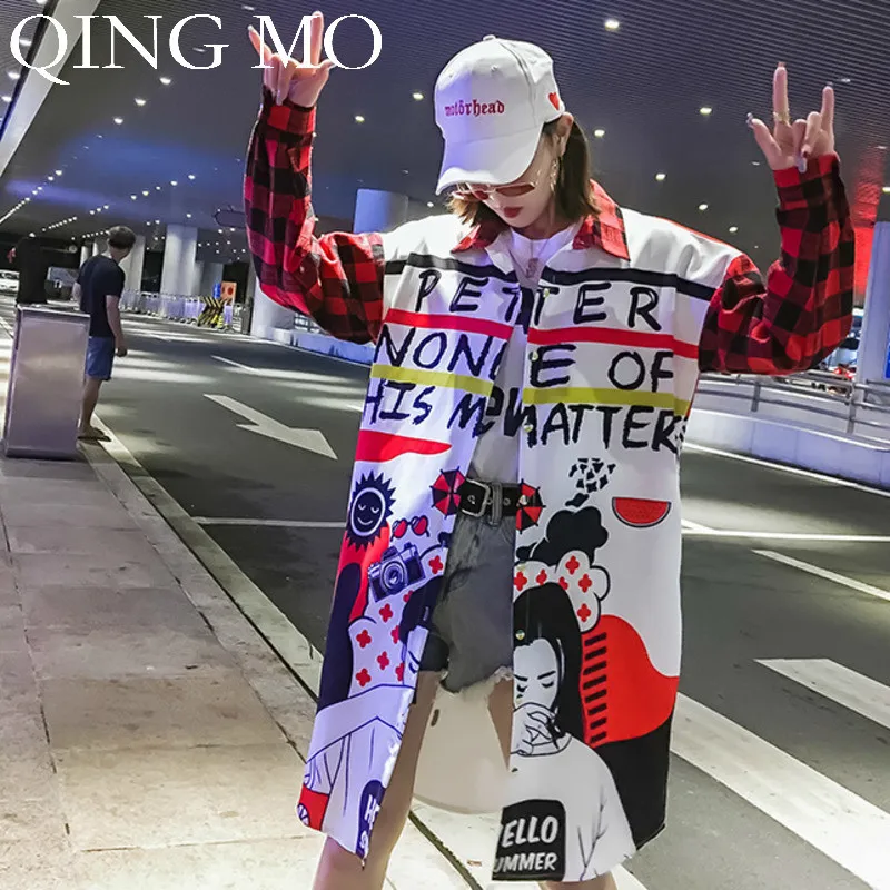 QING MO Женская Длинная блузка с мультяшным принтом весна 2020 клетчатая Лоскутная
