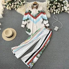 

Women Summer's Suits Print Blouse Shirt +Wide Leg High Waist Pants Fashion Female Trousers Sets 2 Pieces Sets Loose Clothing New
