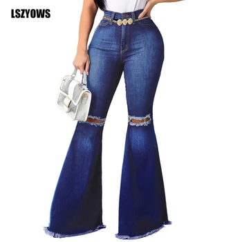 

High Waist Skinny Ripped Jeans For Women Fashion Hole Denim Flare Pants Female Casual Bell Bottom Jeans Pants Trousers Plus Size