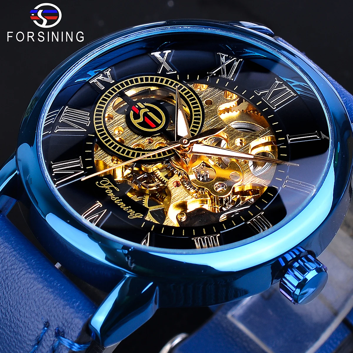 Forsining прозрачные синие мужские механические часы ультра тонкий аналоговый ручной Ветер подлинный спортивный кожаный ремешок повседневный мужской Reloj Hombre