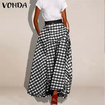 

2020 VONDA Summer Elastic Waist Women Skirts Vintage Plaid Printed Skirts Plus Size Bohemian Party Bottoms Loose Elegant Skirts