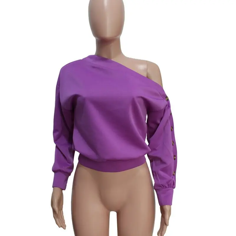 Женская футболка с длинным рукавом на пуговицах и открытыми плечами, Асимметричный вырез, одноцветные базовые Топы, весенне-Летняя Сексуальная футболка с рукавом - Цвет: Фиолетовый