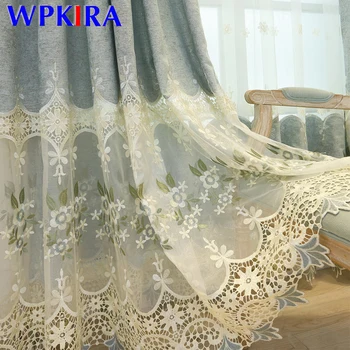 

Modern Luxury Blue Tulle for Living room Gauze Stitching Embroidered Curtain for Bedroom Chenille Blackout Window Drapes M207D4