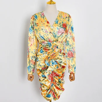 

HIGH QUALITY New 2020 Fashion Designer Runway Dress Women's V-Neck puff sleeve Ruffles Drape Floral Print Buttock Dress