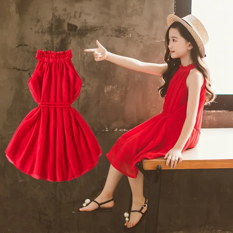 

Childrenswear Girls Sleeveless Princess-Style Skirt Bright Red Dress Summer Little Girl Full Body Dress Halter Exposed Shoulder