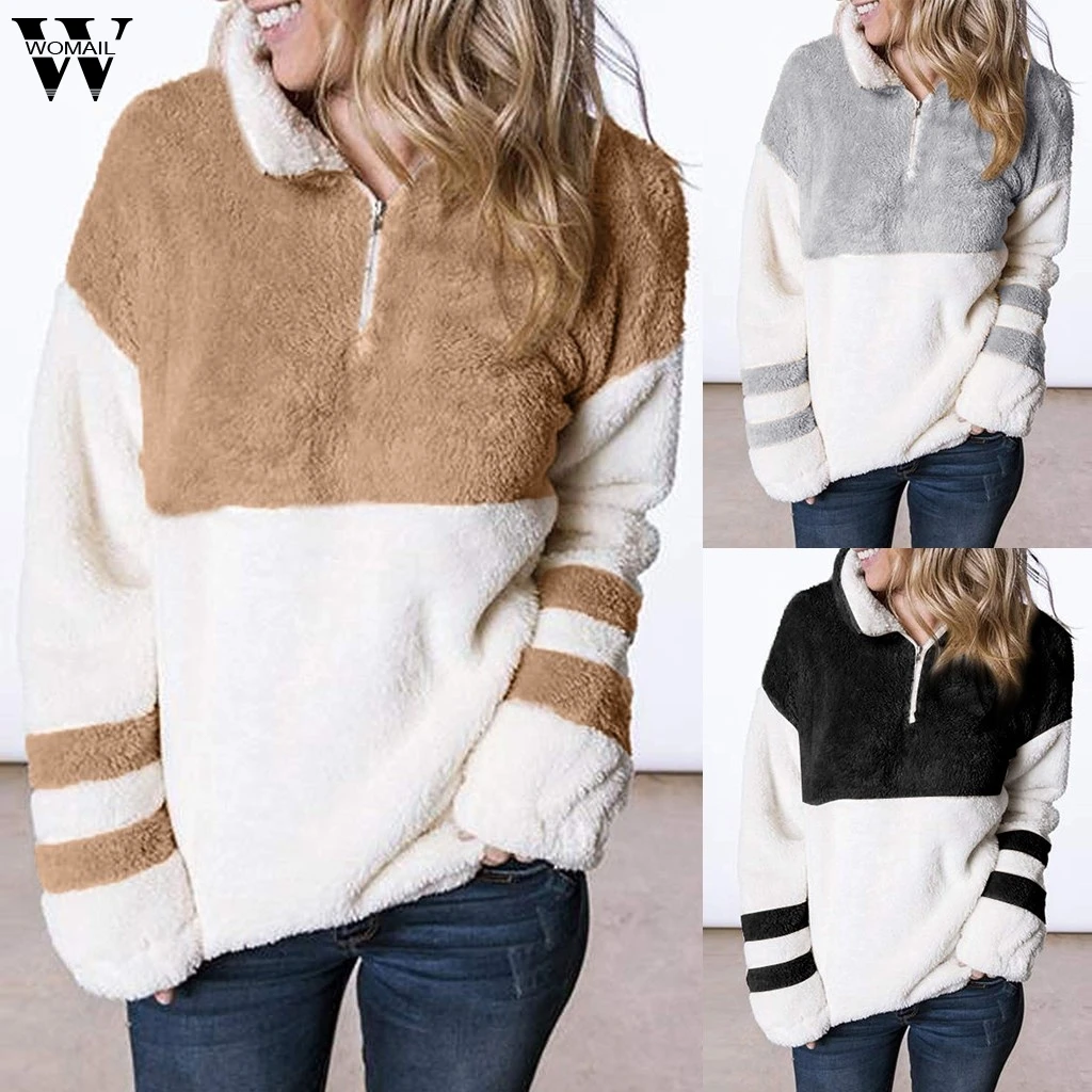 

Womail Sweatshirts winter Fashion Lapel Zipper Contrast Color Stitching sweatshirt Plush comfortable sweatshirts pullover