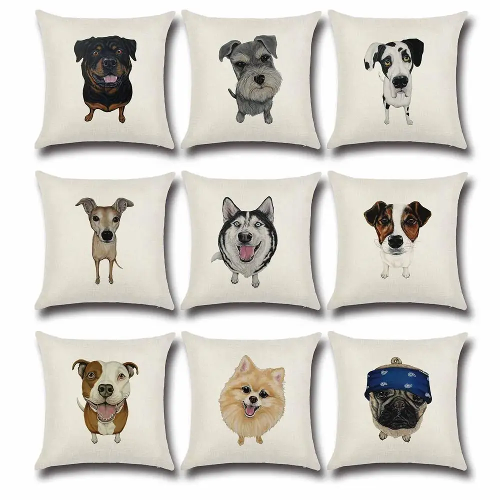 Dog Printing Pillowcase Cotton Linen Cute Cartoon Dog Throw Pillow Case