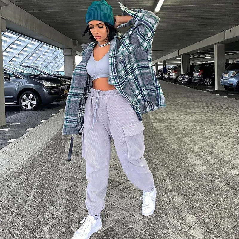 

Strappy Women Corduroy Street Sweatpants High Waist Loose Casual Pockets Cargo Pants Trousers 2020 Slacks Fall Winter