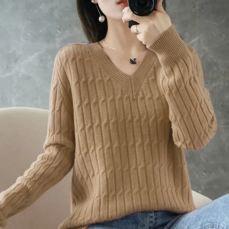 long sweater Women's V-Neck Long-Sleeve Sweater Korean Version Of Loose Versatile Bottom Sweater Large Size Fashion Sweater Autumn And Winter Sweaters Sweaters