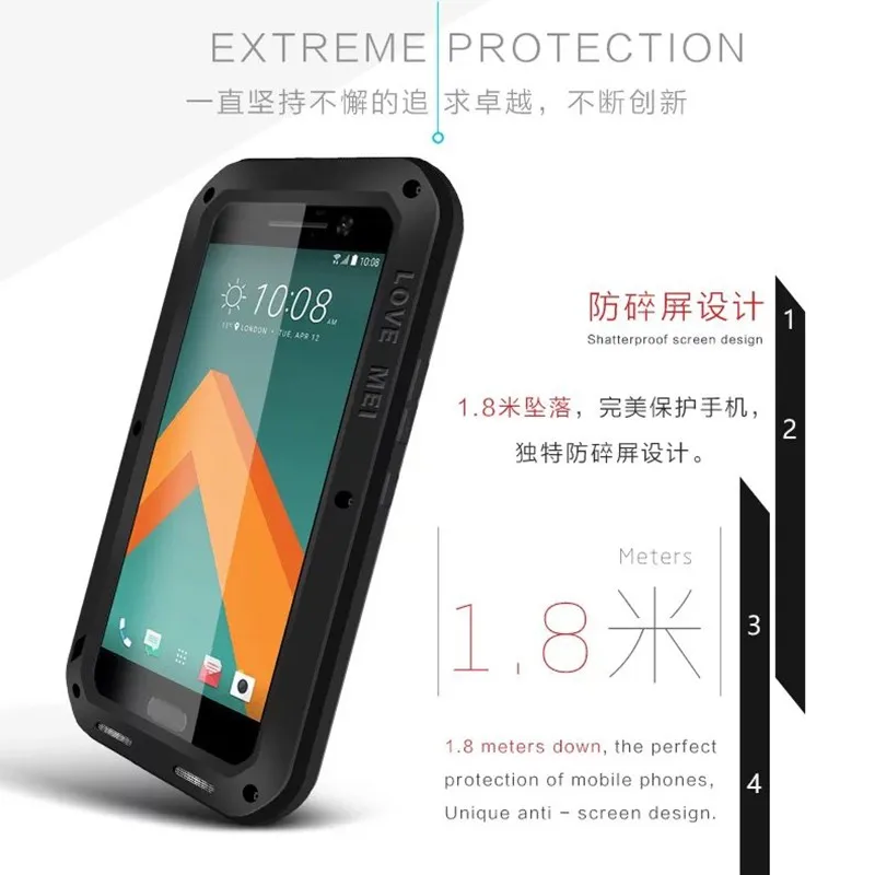 Love Mei для htc 10 водонепроницаемый ударопрочный Металлический Алюминиевый Чехол Gorilla glass для htc M10 три защитный чехол s
