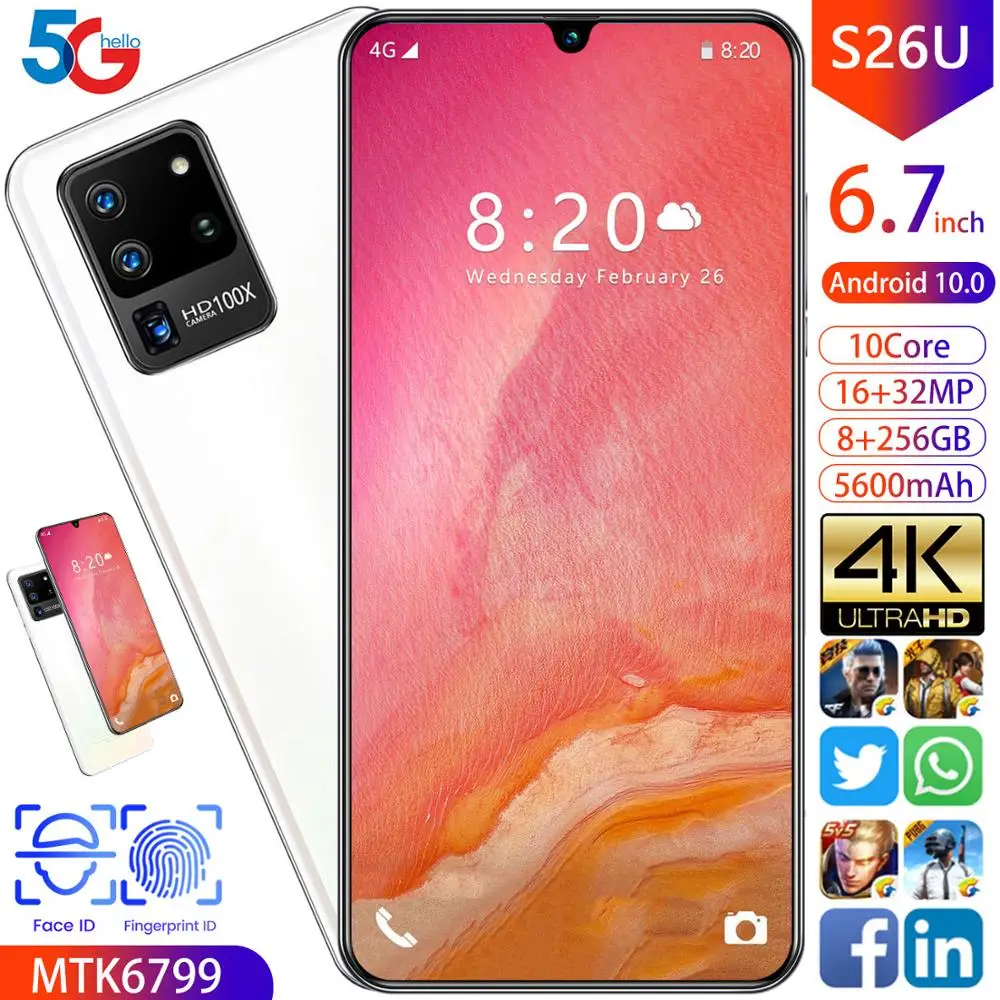 2020 S26U Mobile Phone 6.7 8G RAM 256GB ROM Dual SIM 16MP Front Camera MTK6799 Ten Core OS 5G Cellphones 5600mAh Smartphones