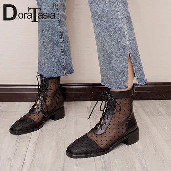 

DORATASIA Brand Leisure Female Boots Square Heel Round Toe Casual Sexy Boots Women Polka Dot Square Heel Lace Up Shoes Woman