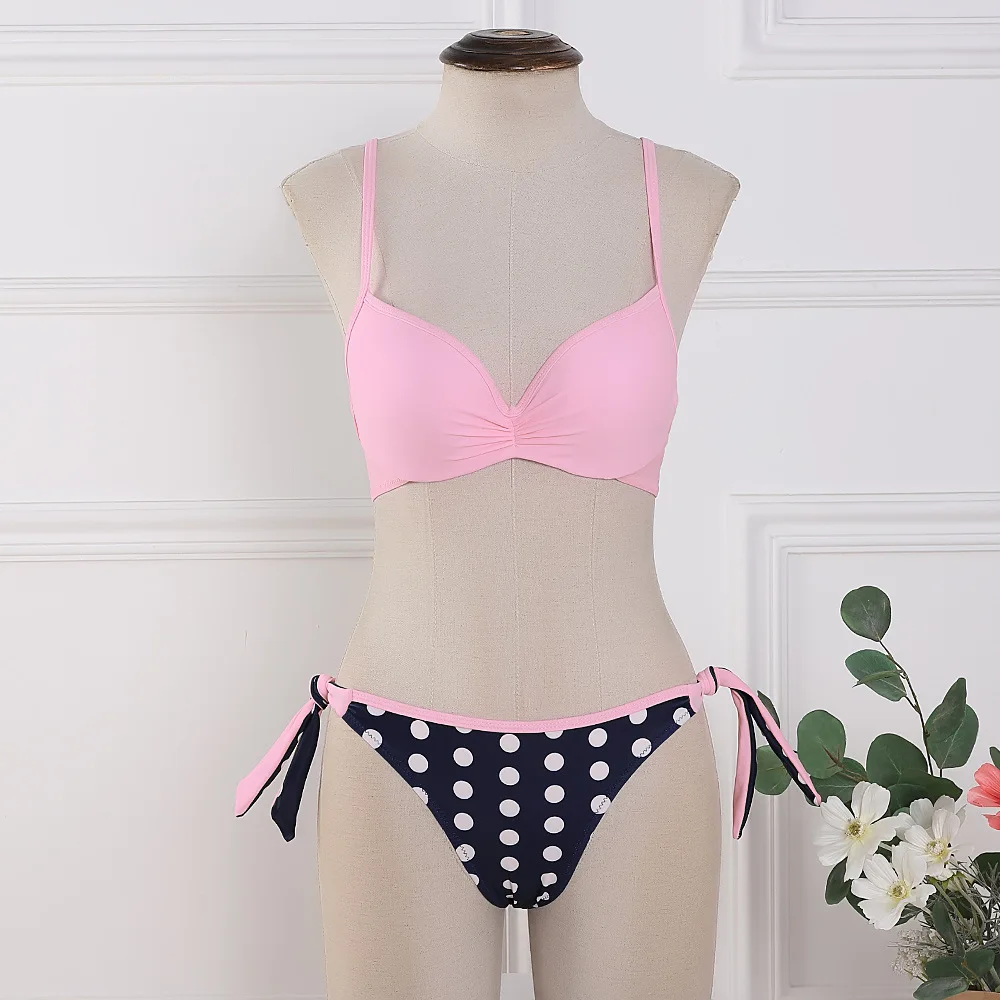 2020 Bikini Set Halter Swimwear Women Dot Solid Color Swimsuit Side Bandage Bathing Suit Beachwear Push Up Sexy Bikini