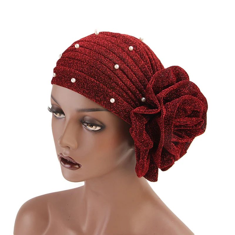 Новинка, тюрбан с большими цветами, жемчугом и блестками для женщин, мусульманская африканская индийская шляпа, шапка для волос, женские цветочные аксессуары для волос для женщин - Цвет: wine red
