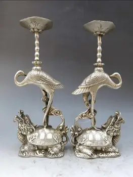 

9" China silver handwork carved crane on dragon turtle candlestick pair Statue