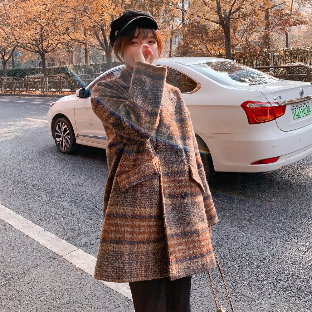 

Photo Shoot Fashionable Thick Plaid Woolen Coat 2019 Winter New Style WOMEN'S Dress Retro Laziness-Style Woolen Overcoat