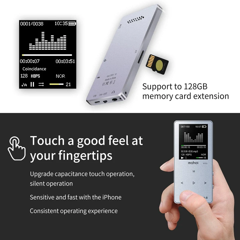 New Metal Bluetooth Sport MP3 Player Portable Audio 8GB with Built-in Speaker FM Radio APE Flac Music Player(Silver