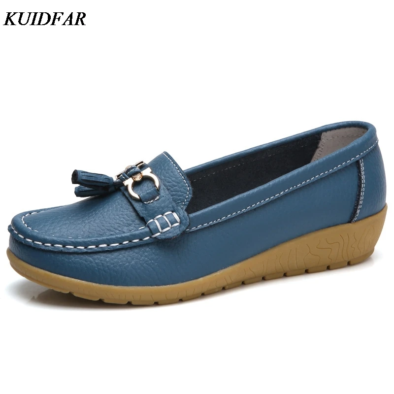 KUIDFAR Women Flats Genuine Leather Women Casual Shoes Breathable Slip-On Flat Shoes Solid Color Ladies Loafers Plus Size