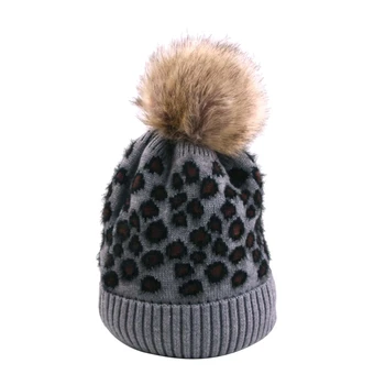 

Women Leopard Dots Knit Winter Beanie Hat Faux Fur Pom Pom Lining Fleece Warm Bobble Hat Beanie for Girls