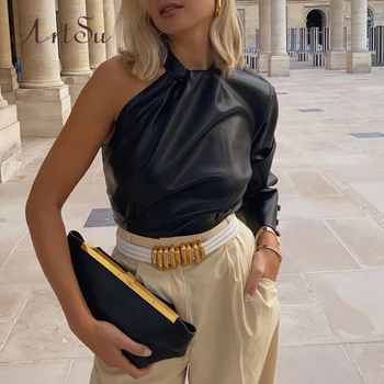 

Artsu Winter Autumn One Shoulder Crop Top Long Sleeve T-Shirts Women Shirt Romantic Vintage Clothes Black Elegant Top Tees 41903