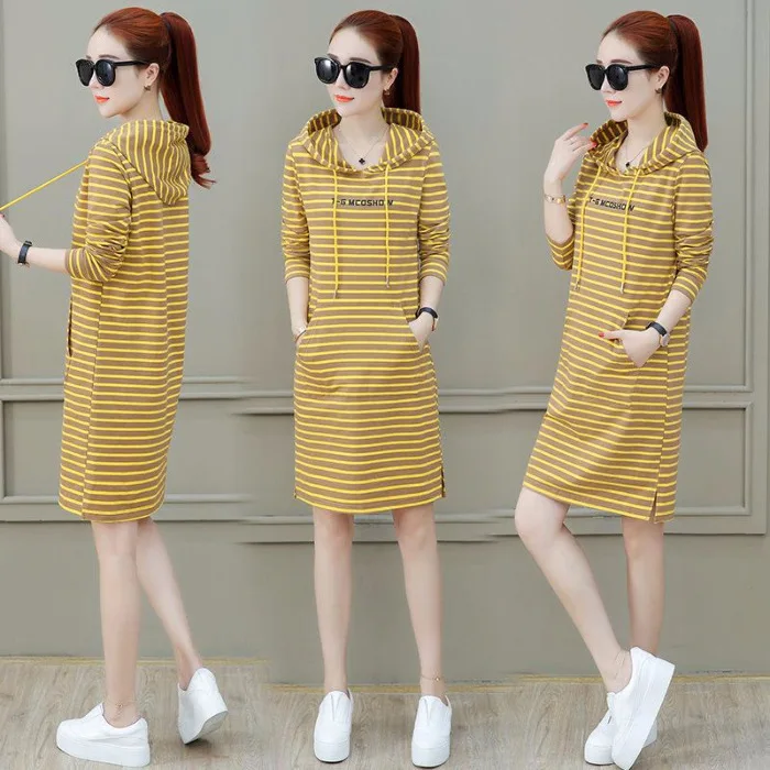 

Autumn & Winter New Style WOMEN'S Dress Spring Stripes Long-sleeved Dress Long Large Size Hooded Base Skirt