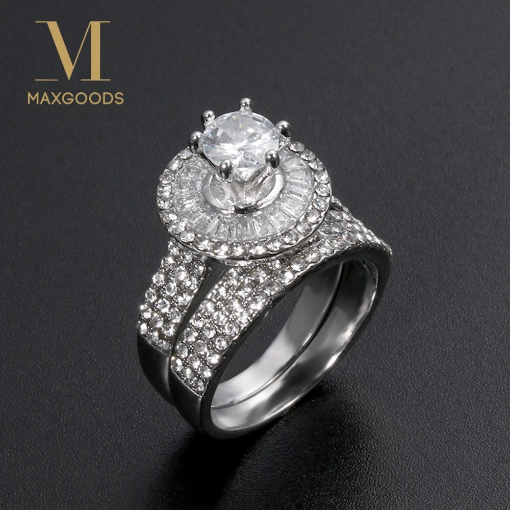 

2Pcs/Set Huge White Crystal Wedding Ring for Women Big Zircon Rhinestone Ring Set