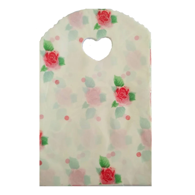 

Hot Sale 50pcs Rose Design Beige Plastic Bags 13x21cm Small Candy Gifts Jewelry Packaging Bags Plastic Gift Bag With Handle