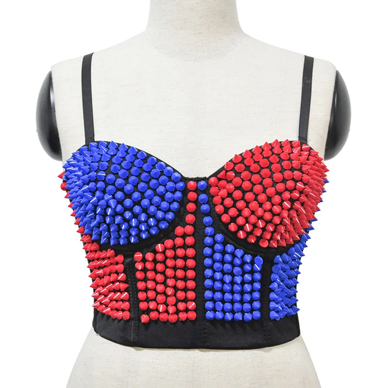 Синий и красный шип заклепки панк сексуальный бюстгальтер бюстье пуш-ап