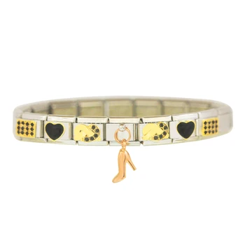 

Stainless Steel link Classic 9mm Women highheel black enamel crystal heart Italian charm link bracelet fit Zoppini Nomiation