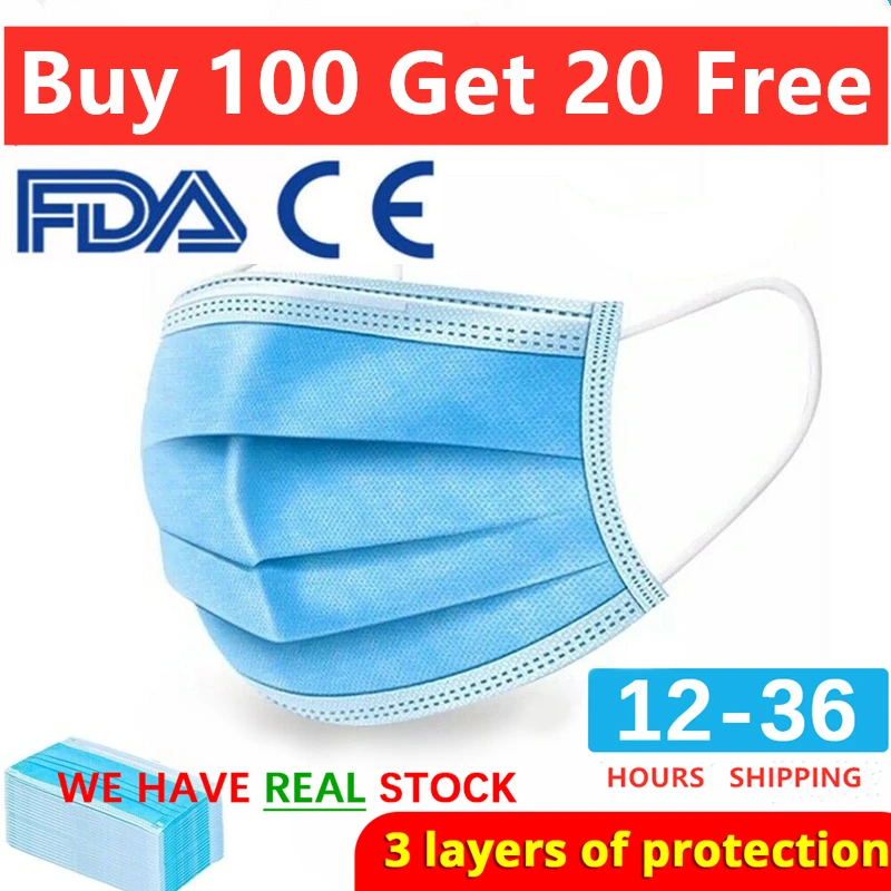 

Buy 100pcs Get 20pc Free protective Anti Dust Face Mask Disposable Protect 3 Layer Filter Dustproof Earloop Non Woven Mouth Mask