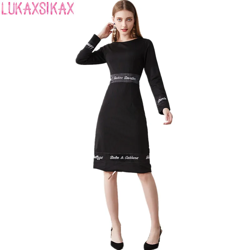 LUKAXSIKAX новое осенне-зимнее женское платье с длинными рукавами высокое качество Хепберн Стиль Письмо вышивка черное подиумное платье