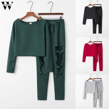 

Womail Tracksuit Women Sweatsuit Casual Hole Pocket For Women Sweatshirt + pant 2 Pieces Set Women's Suit Female Sport Suit 101