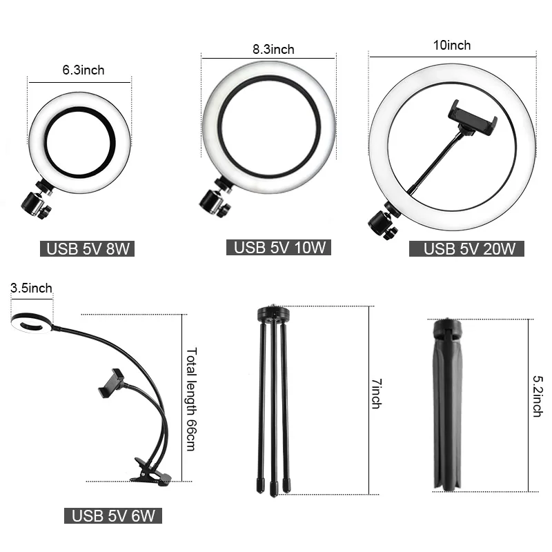 Светодиодный кольцевой светильник для селфи, фото 8,3, 10 дюймов, 10 Вт, 20 Вт, USB, 5 В, кольцевая лампа с регулируемой яркостью, камера, телефон, с подставкой, штатив для макияжа, видео