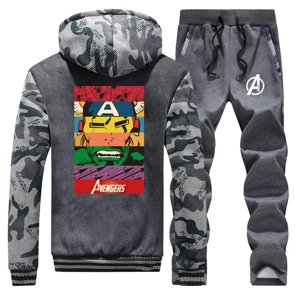 The Avengers Winter Hot Sale Mens Hoodies Camouflage Coat Thick Hip Hop Warm Jackets Suit Sportswear+2 Piece Set Pants