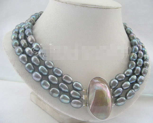 929+17-19" 3row 11-13mm peacock green baroque FW pearl necklace
