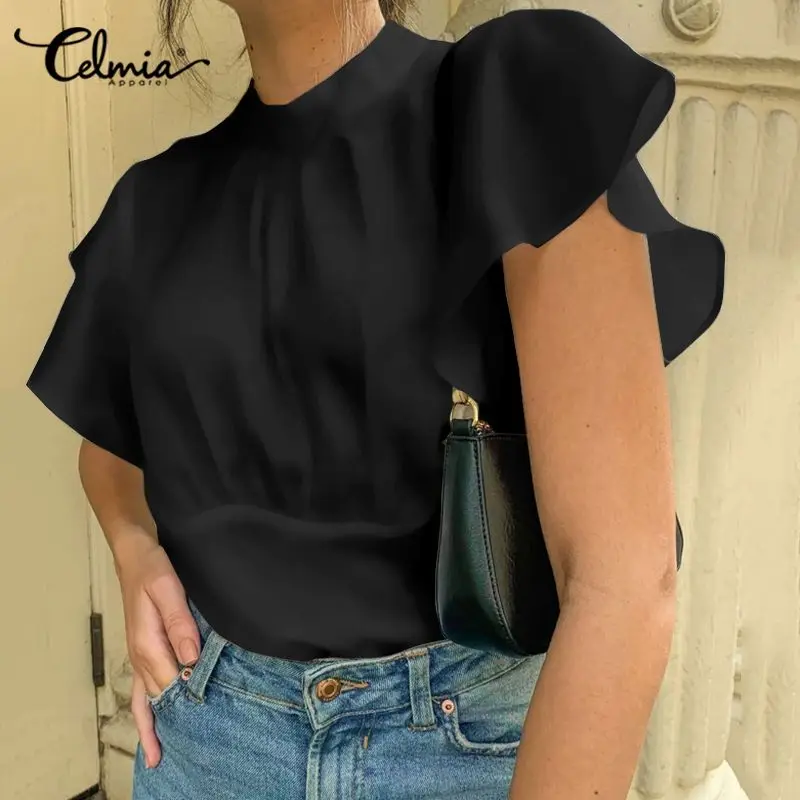 

Celmia 2020 Fashion Women Solid Silk Blouse Ruffles Sleeve Back Zipper OL Tops Casual Stand Collar Loose Shirt Ladies Blusas 5XL