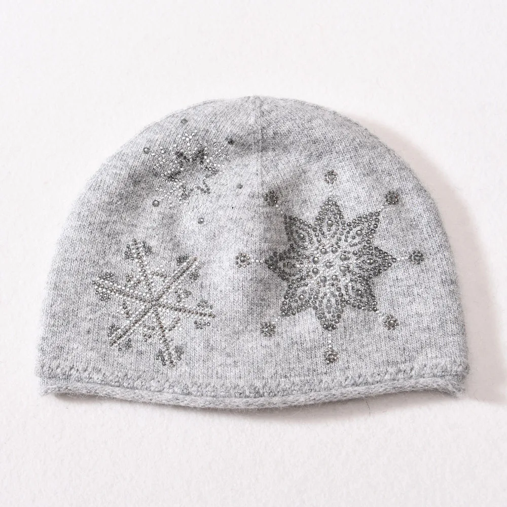New Cashmere Beanie Hat Snowflake  Rhinestone Winter Cap For Woman Solid Color Warm Hat 5