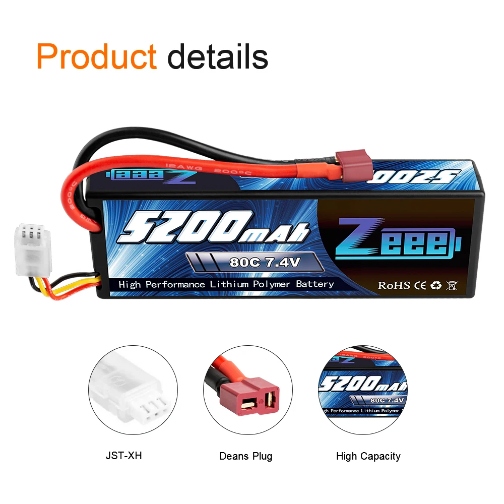 2 шт. Zeee RC Lipo батарея 7,4 V 2S 5200mAh 80C с штекером Deans RC батарея для RC автомобиля грузовика Truggy Багги Танк вертолет