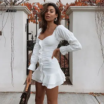

Gold Hands 2019 Women Autumn New Long Sleeve Female Dresses Solid Color Casual Ruffles Mini Bodycon Sexy V-Neck Party Dress