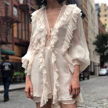 

Elegant Beige Ruffles Short Women Dresses 2020 Spring Summer V-neck Long Sleeve Chiffon Dress