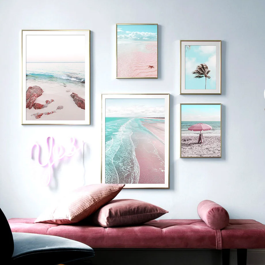 Sea-Beach-Pink-Parasol-Car-Coconut-Tree-Wall-Art-Canvas-Painting-Nordic-Posters-And-Prints-Wall